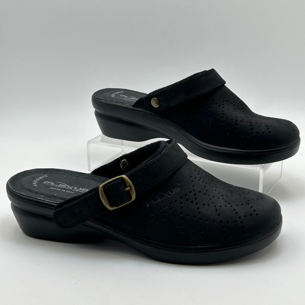 Flexus by Spring Step Clogs Women 37 Black Leather Perforated Comfort Italy Made